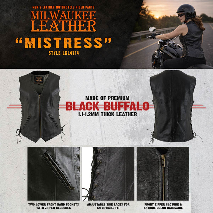 Milwaukee Leather Women's Mistress Black Side Lace Leather Motorcycle Vest - LKL4714