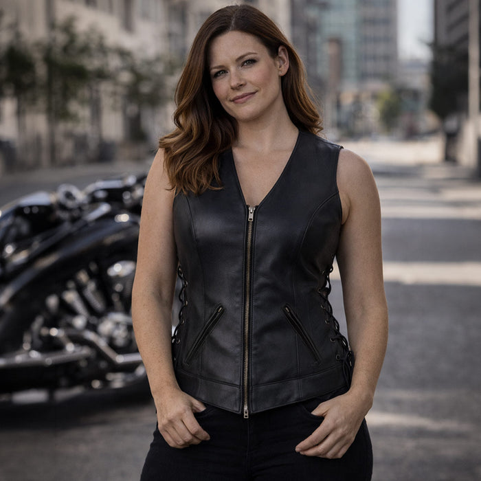 Milwaukee Leather Women's Mistress Black Side Lace Leather Motorcycle Vest - LKL4714