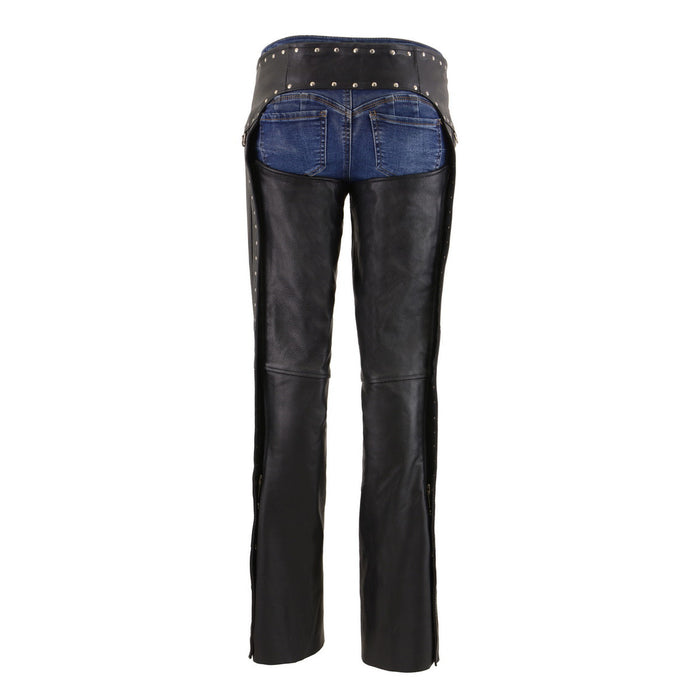 Milwaukee Leather Women's Rivet Rose Black Leather Motorcycle Chaps w/ Rivet and D-Ring Accents - MLL6503