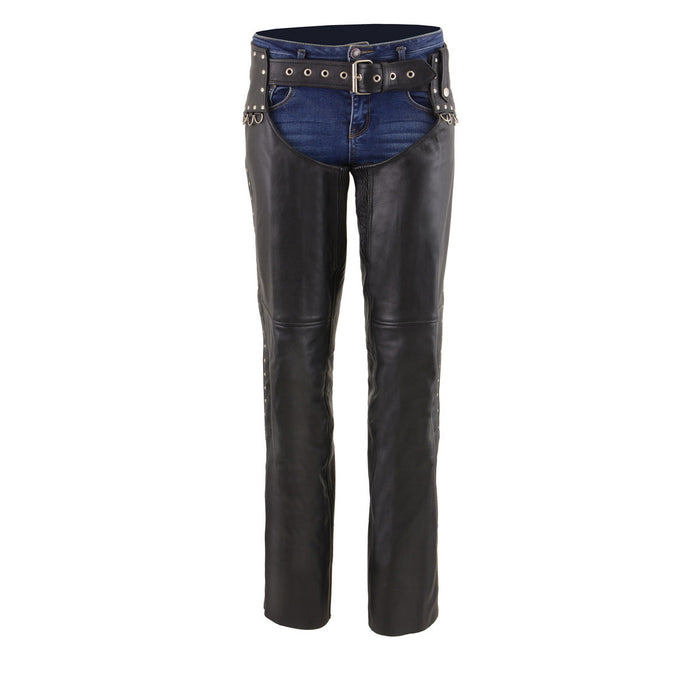 Milwaukee Leather Women's Rivet Rose Black Leather Motorcycle Chaps w/ Rivet and D-Ring Accents - MLL6503