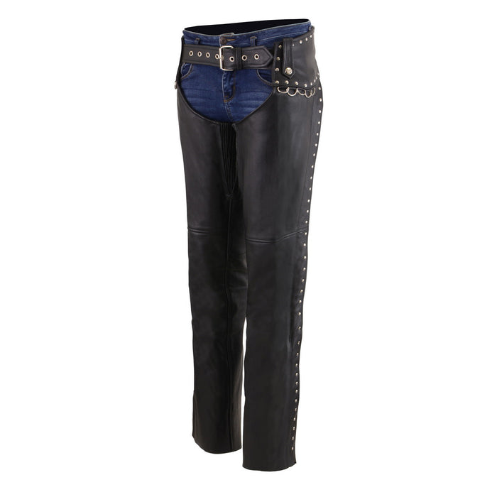 Milwaukee Leather Women's Rivet Rose Black Leather Motorcycle Chaps w/ Rivet and D-Ring Accents - MLL6503
