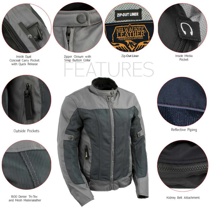 Milwaukee Leather Women's Shade Black/Grey Textile Motorcycle Jacket w/ CE Armor - MPL22707