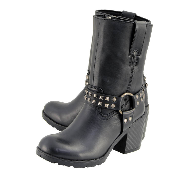 Milwaukee Leather Women's Stud Rebel Black Leather Harness Motorcycle Boots - MBL9314