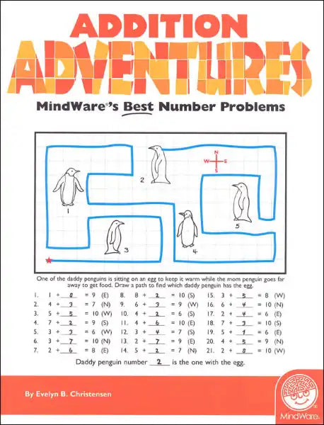 Colorful addition activity page with a blue penguin maze and columns of math equations on a grid.