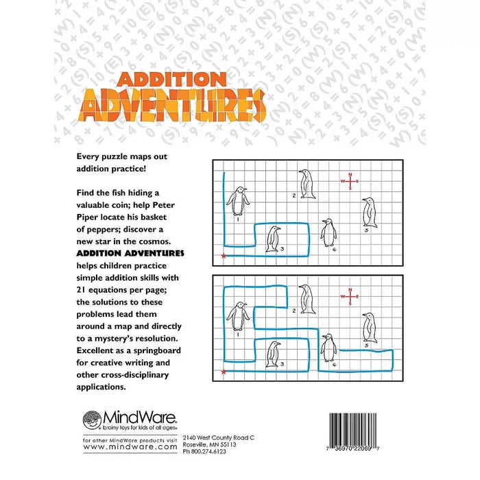 Back cover of addition activity book with orange title, math equations, and map grid puzzles with penguins and blue paths.