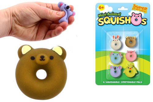 Hand squeezing a purple animal squishy next to a brown bear donut and a pack of 6 colorful animal-faced donut squishies.
