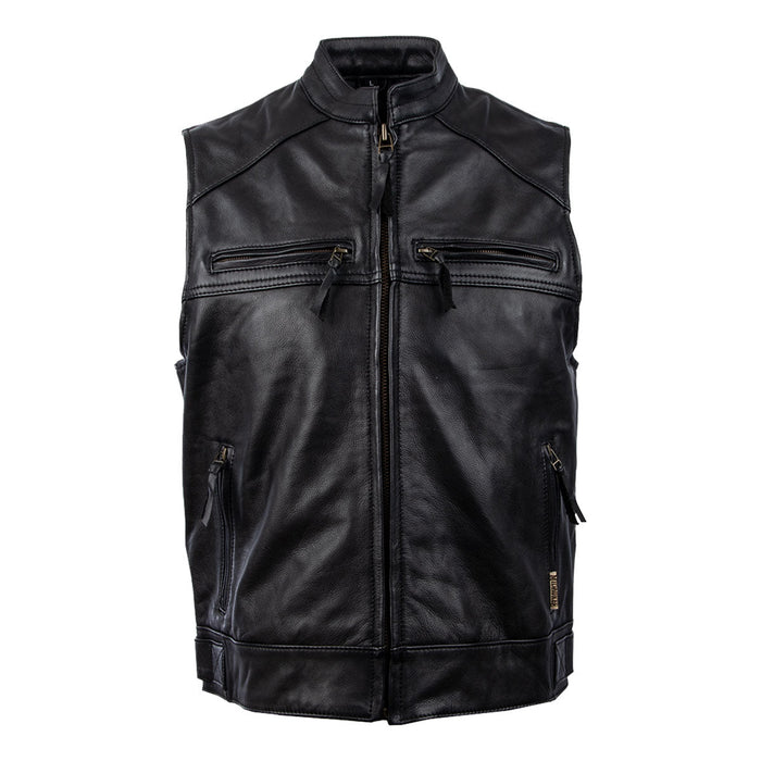 MMCC Men's Ducktail Black Leather Motorcycle Vest - MV3520