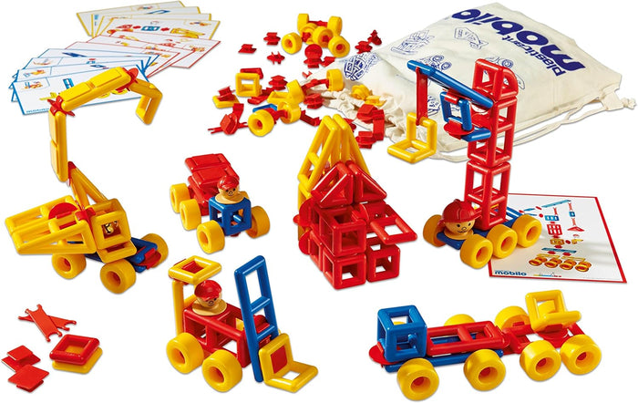 Red, yellow, and blue plastic building pieces assembled into toy vehicles, with a white storage bag and guide cards.