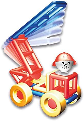 Toy fire truck built with red and blue plastic frames and yellow wheels, featuring a firefighter and a moving ladder.