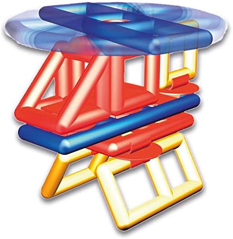 Toy helicopter made of red, blue, and yellow interlocking plastic building blocks with a rotating blue rotor.