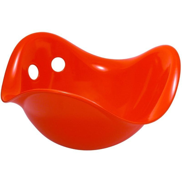 Bright red shell-shaped plastic toy with a wavy rim and two circular cutouts.