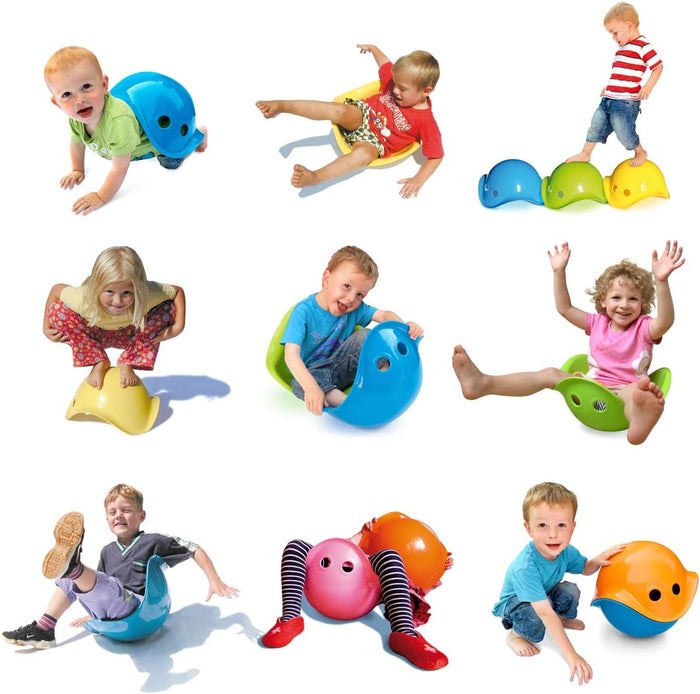 Nine images of children playing with colorful, bowl-shaped plastic shells in various active and creative ways.