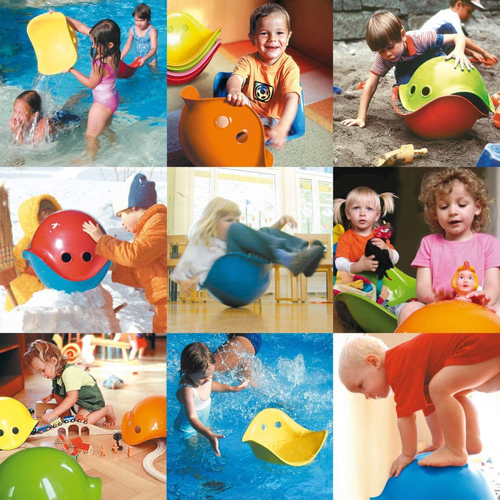 Collage of children playing with colorful, shell-shaped open-ended toys in water, sand, snow, and indoors.