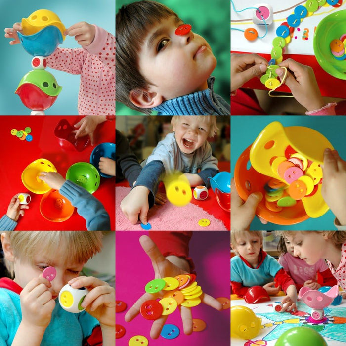 3x3 grid of children playing with vibrant, bowl-shaped mini shells and matching button-like discs in creative ways.