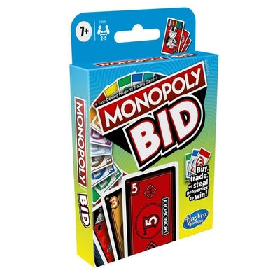 Blue, green, and yellow Monopoly Bid game box featuring colorful property cards and a red five-unit money card.
