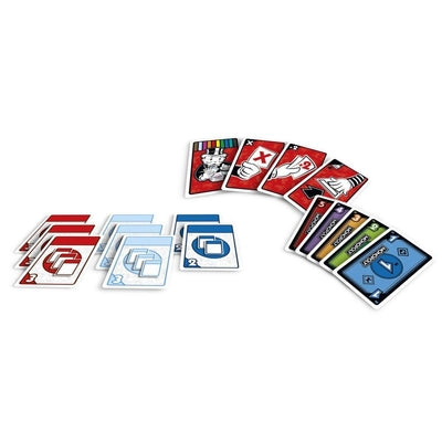 Monopoly Bid playing cards featuring colorful property icons and action symbols spread on a white background.