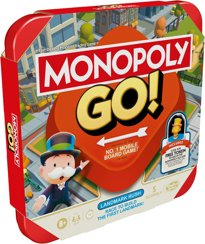 Red rounded Monopoly GO! game box featuring city artwork, Mr. Monopoly, and a golden token preview in a bubble.