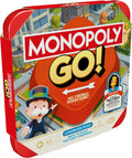 Red rounded Monopoly GO! game box featuring city artwork, Mr. Monopoly, and a golden token preview in a bubble.