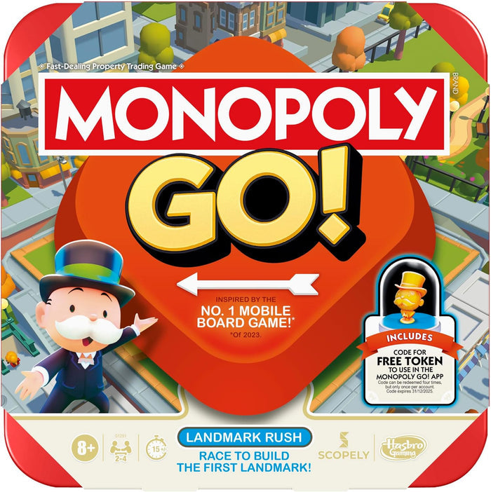 Red Monopoly GO! board game box featuring Mr. Monopoly, a golden token, and colorful city-themed illustrations.