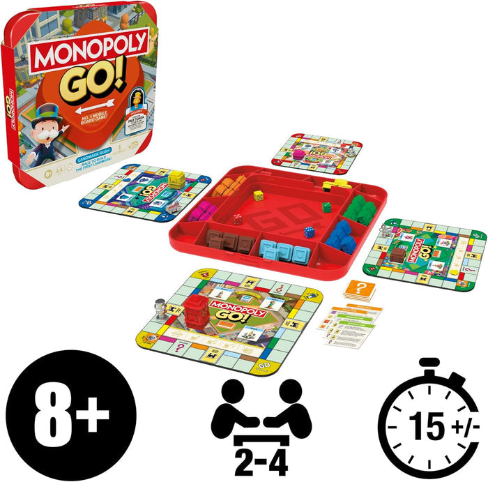 Red tin box, four colorful square boards, tray with building pieces and dice, cards, and gameplay icons.