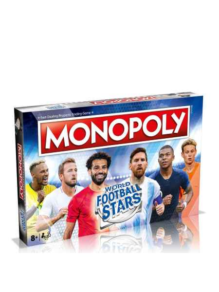 Blue rectangular board game box featuring six soccer players in front of a stadium under a large red logo.