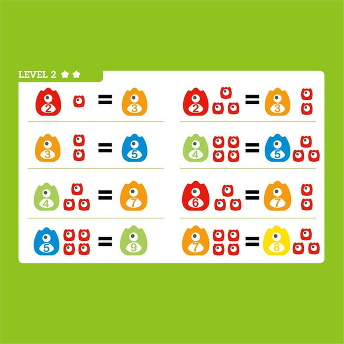 Level 2 math chart with colorful numbered monster weights and small red units used to balance equations on white.
