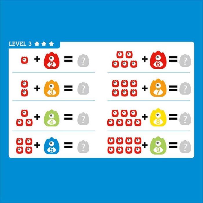 Eight addition problems with small red monster icons and larger colored monsters containing numbers from 2 to 9.