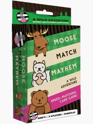 Rectangular green and tan game box featuring cartoon moose, white forest animal, and brown bear illustrations.