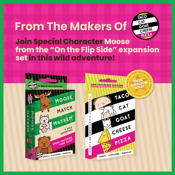 Green Moose Match Mayhem box with animal art next to the original game box on a pink and tan striped background.