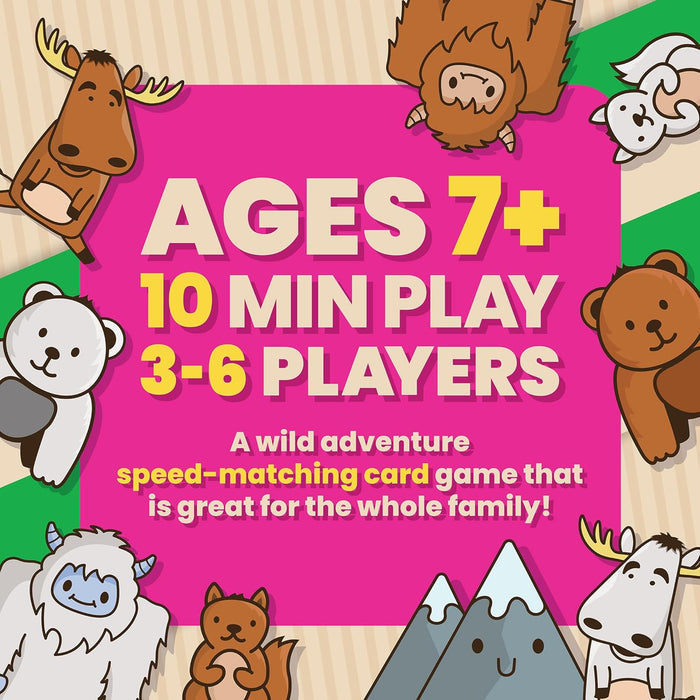 Pink graphic showing Ages 7+, 10 min play, 3-6 players, and cartoon animals like a moose, yeti, and bear.