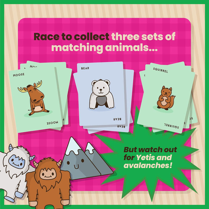 Cartoon moose, bear, and squirrel card sets with yetis and mountains on a pink checkered background.