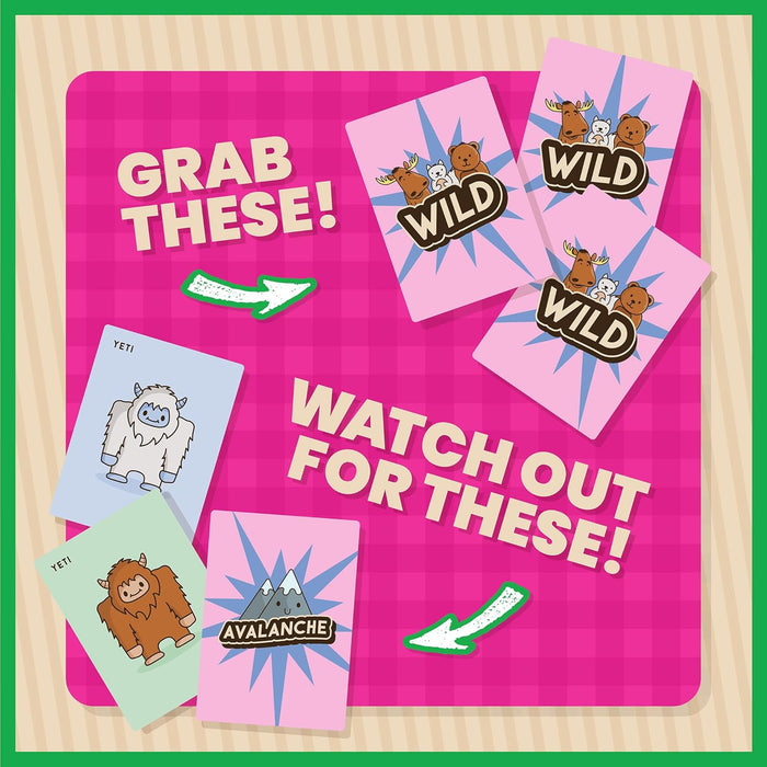 Wild, Yeti, and Avalanche cards with moose, bear, and yeti art on a pink checkered background with arrows and text.