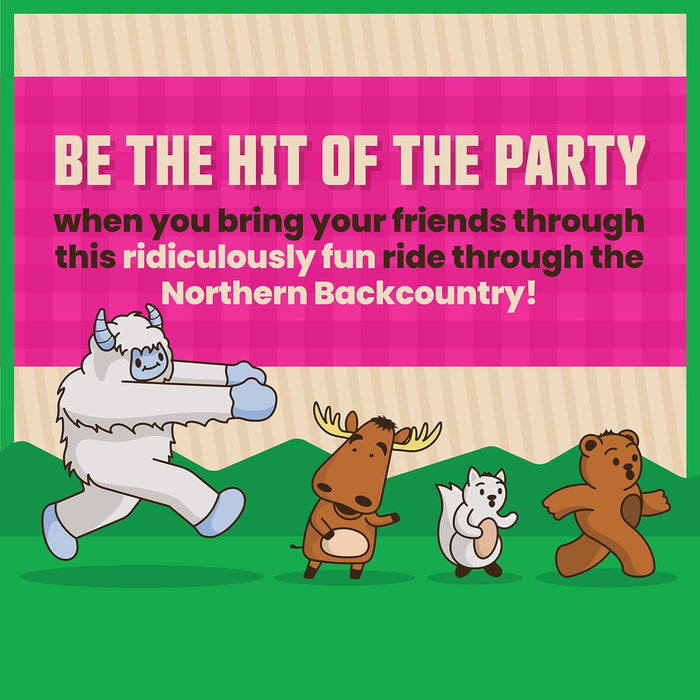 White cartoon yeti chasing a brown moose, squirrel, and bear over green hills under a pink banner with party text.