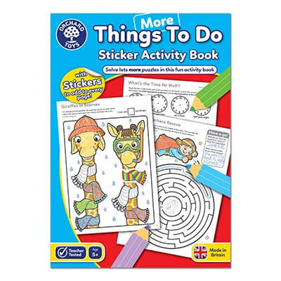Blue Orchard Toys sticker activity book cover showing giraffes in scarves, a maze, and pencils for ages 5 plus.