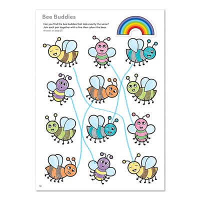 Activity page featuring colourful cartoon bees in a matching game with hand-drawn blue lines and a bright rainbow.