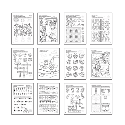 Twelve black and white activity pages featuring puzzles, mazes, crosswords, and animal illustrations for colouring.