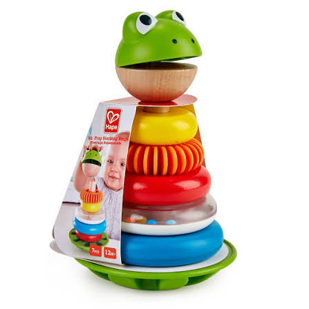 Colorful Hape Mr. Frog stacking toy with five textured rings and a frog head on a green wobbling base.
