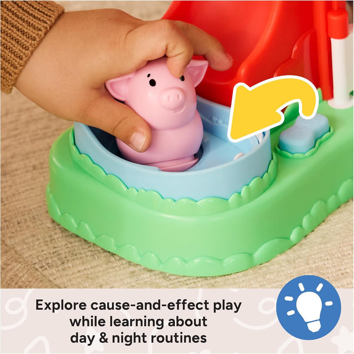 Child's hand placing a pink pig toy into a blue slot on a green base with a yellow arrow indicating movement.