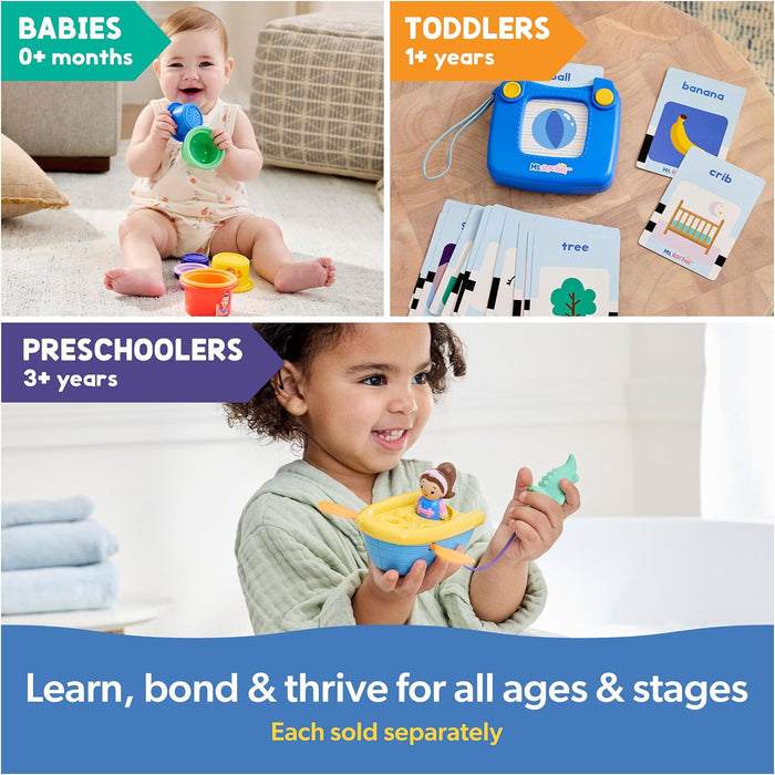 Collage of children at three age stages playing with stacking cups, learning flashcards, and a toy bath boat.