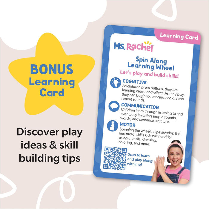 A yellow star and a Ms. Rachel learning card showing skill tips and her photo against a pink and white background.
