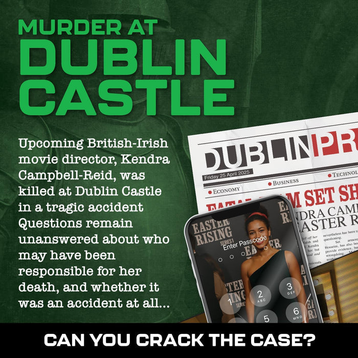 Dark green graphic with neon green text, a newspaper clipping, and a smartphone showing a passcode entry screen.