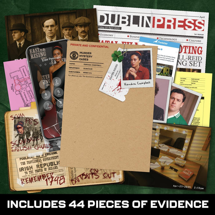 Murder mystery game components: a case file, Dublin Press newspaper, suspect photos, and a cracked phone screen.