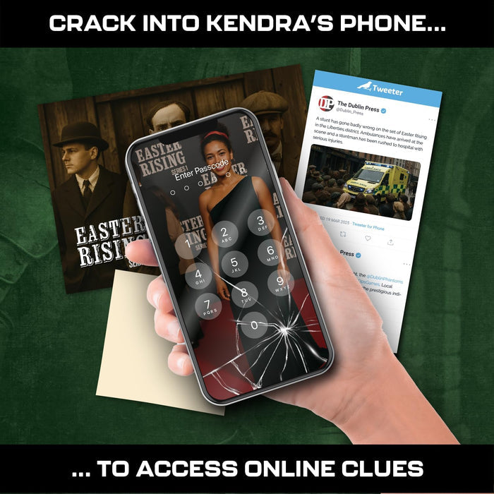 Hand holds a cracked smartphone with a passcode screen over detective game clues, posters, and a mock news tweet.