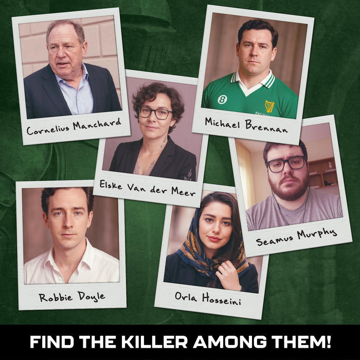 Six Polaroid-style photos of suspects with names over a green background. Text: Find the killer among them!