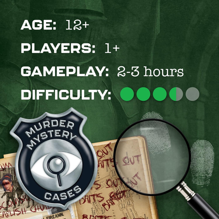 Murder Mystery Cases stats: Age 12+, 1+ players, 2-3 hours, 3.5/5 difficulty. Green knight background with magnifying glass.