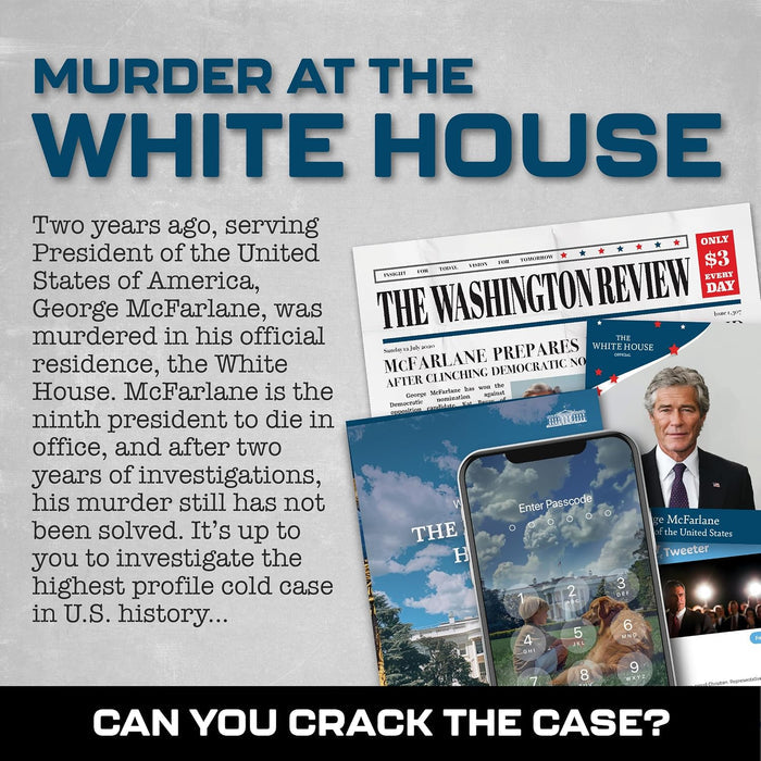 Mystery game promotional graphic featuring a newspaper, smartphone screen, and case files on a grey background.
