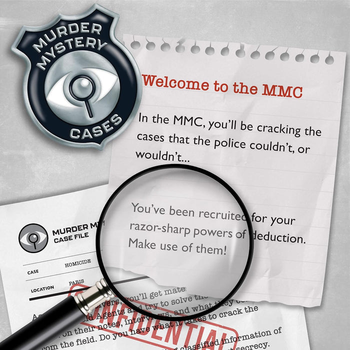 Detective badge and case notes for a murder mystery game with a magnifying glass over a confidential file.