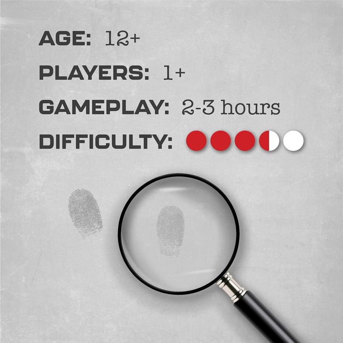 Game stats: Age 12+, 1+ players, 2-3 hours, 3.5/5 difficulty. Magnifying glass over a fingerprint on a gray background.