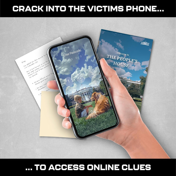 Hand holding a smartphone showing a passcode screen over a blue booklet, a handwritten letter, and a beige card.