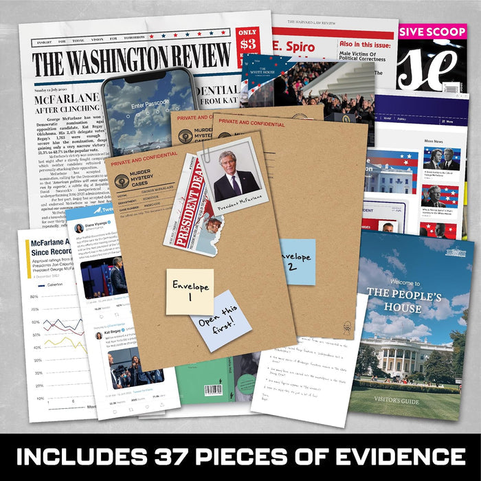 Mystery game evidence kit with manila envelopes, newspapers, and photos spread across a mottled grey surface.